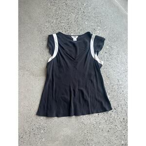 S.L.B. Petite Women's Large Blouse Black White Silk Short Sleeve Vintage